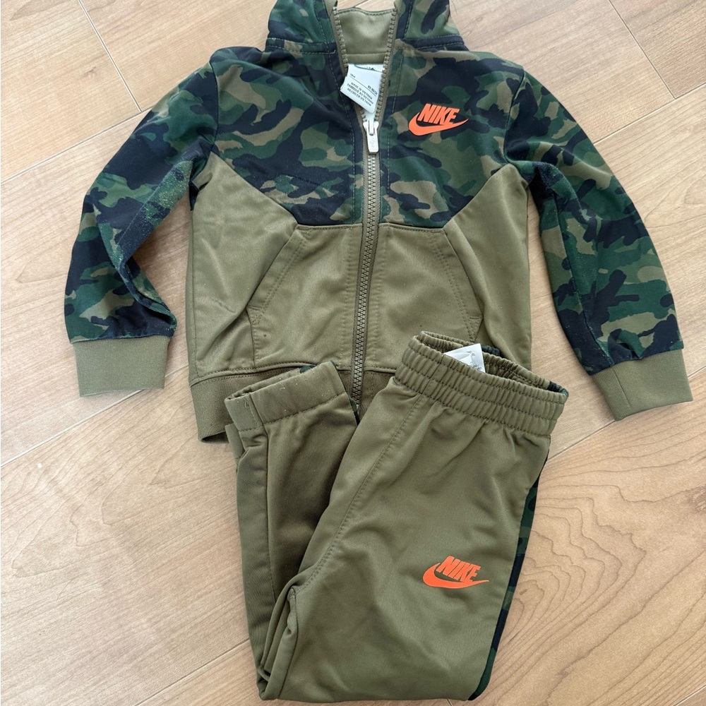 Nike Olive Green Camo Hoodie & Joggers with Orange Swoosh